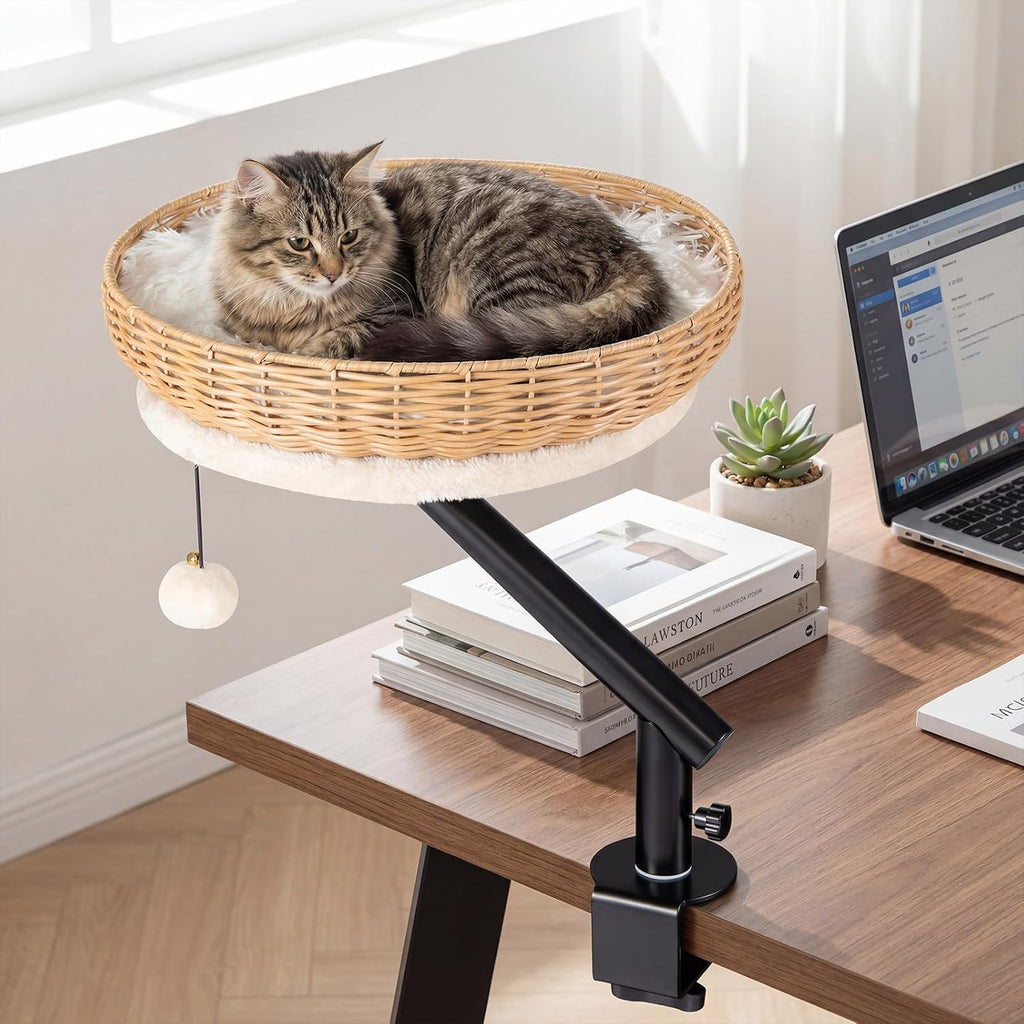 Cat Desk Bed, 360° Rotatable Rattan Desk Cat Bed Attachment with Removable Padded Cushion, Hanging Jingling Ball &