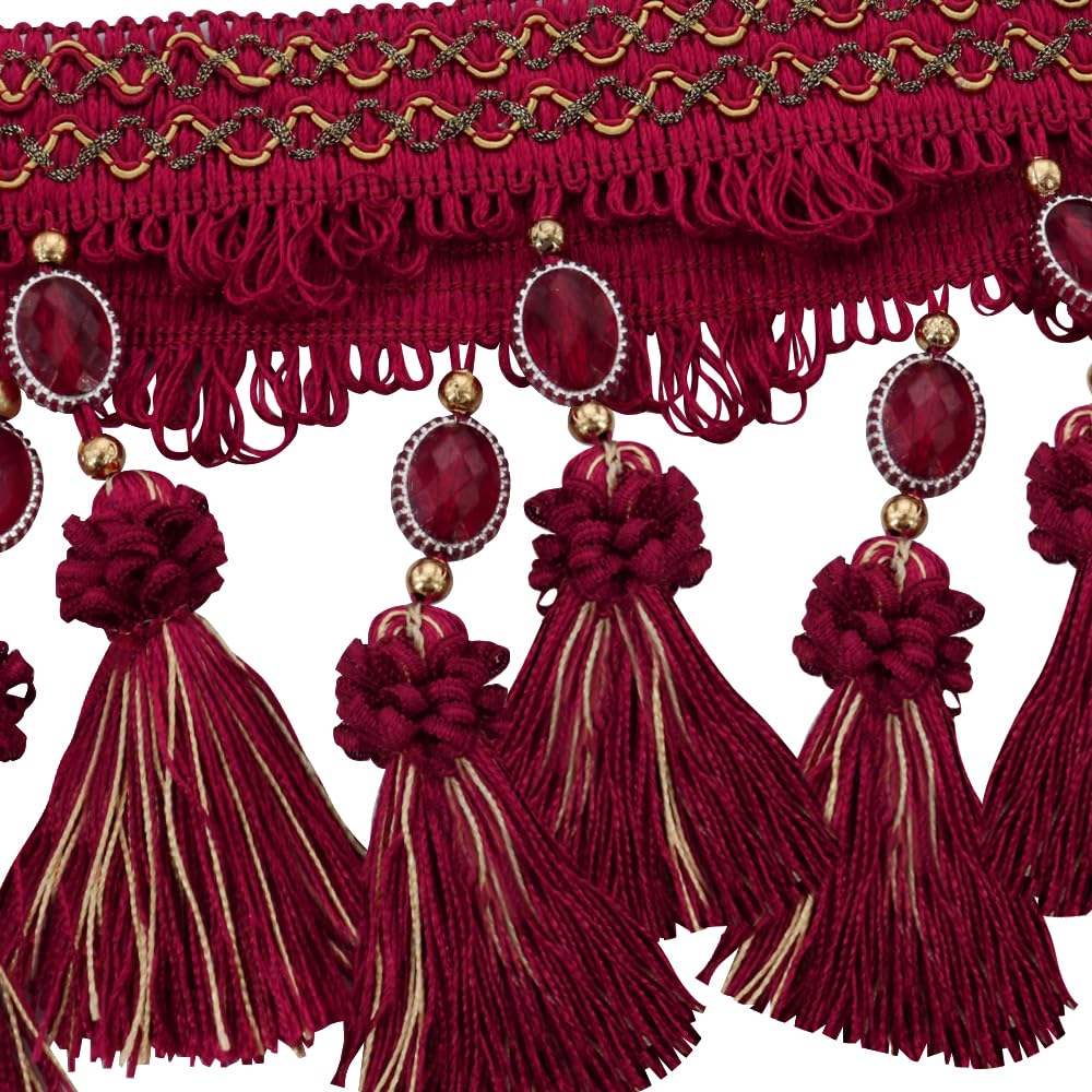 Pom Pom Curtain Fringe Trim Beads Ball Tassel Trimming Sewing Ribbon Upholstery Fabric (red) - 3yards