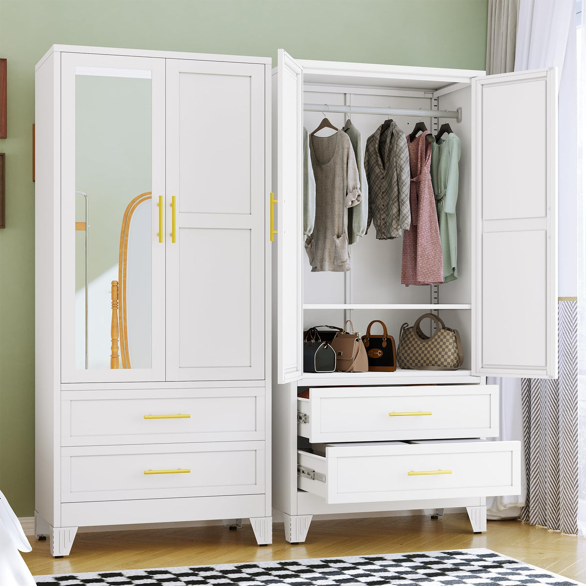 Metal Armoire Wardrobe Closet, 71" Tall Bedroom Closet with Mirror