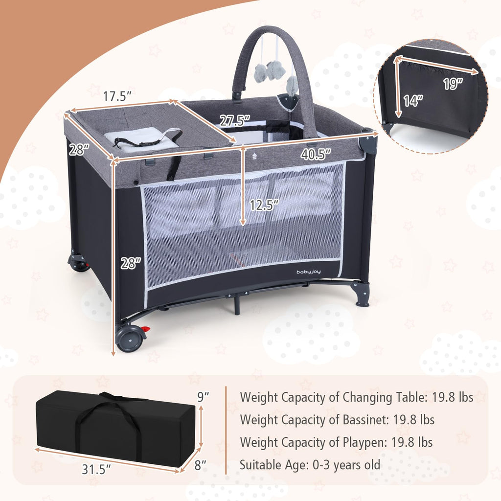 3 in 1 Play Yard, Travel Crib Bassinet Bed for Baby, Changing Table w/Safety Belt, Hanging Bar, Lockable