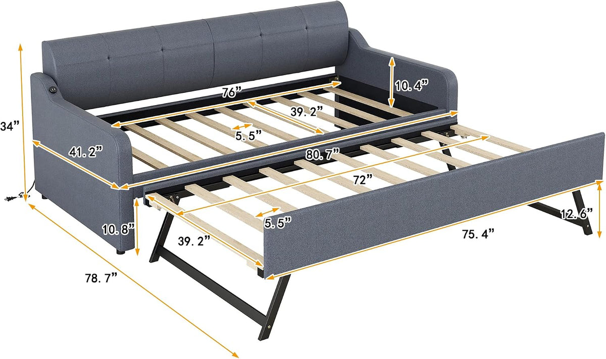 Twin Size Upholstered Daybed with Pop up Trundle,Line Day Bed Frame with Charging Station,Twin to King Daybed, Tufted