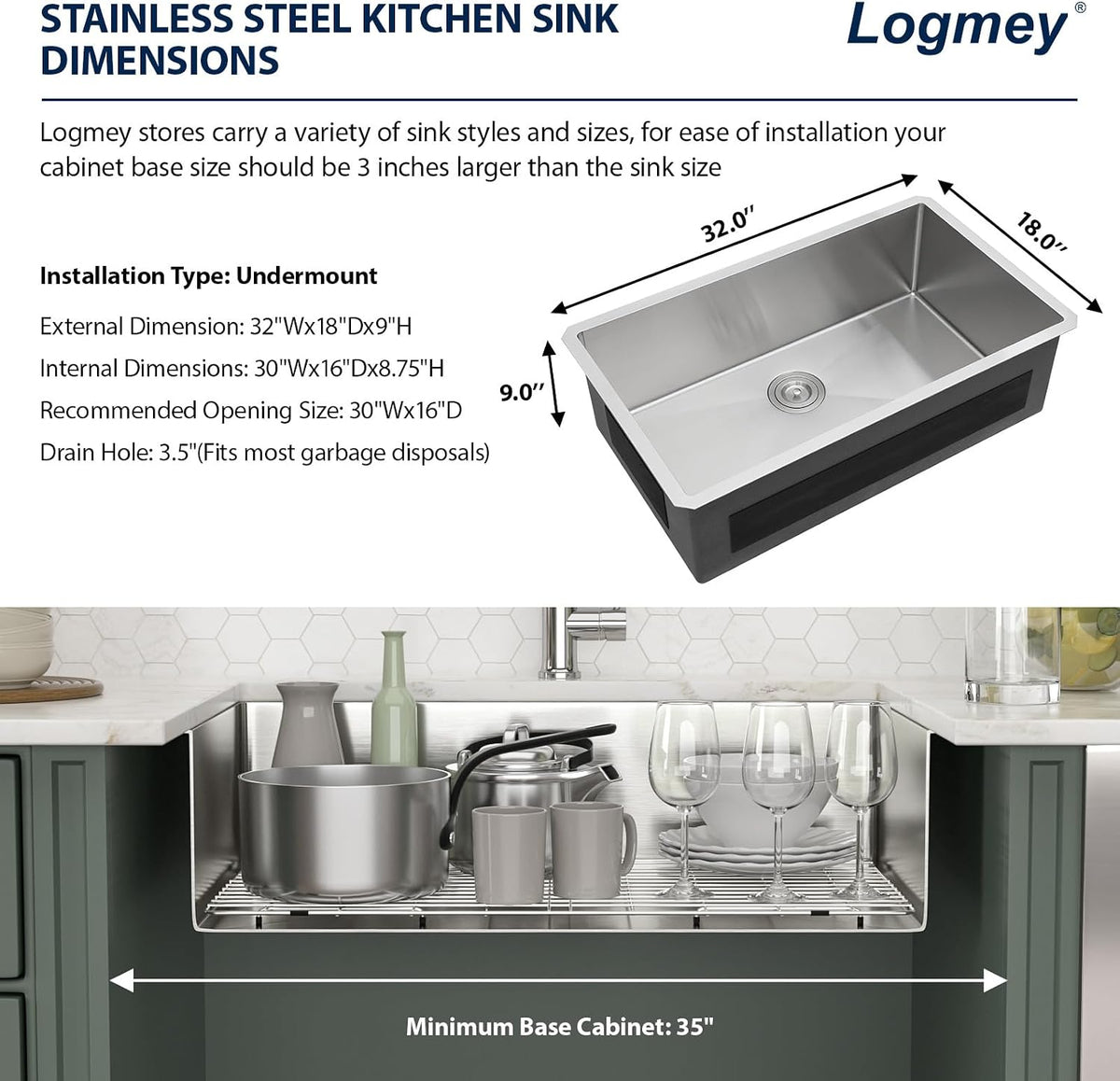 32 Inch Undermount Kitchen Sink | Stainless Steel 16 Gauge Single Bowl Under Counter Handmade Brushed Basin, 32x18x9