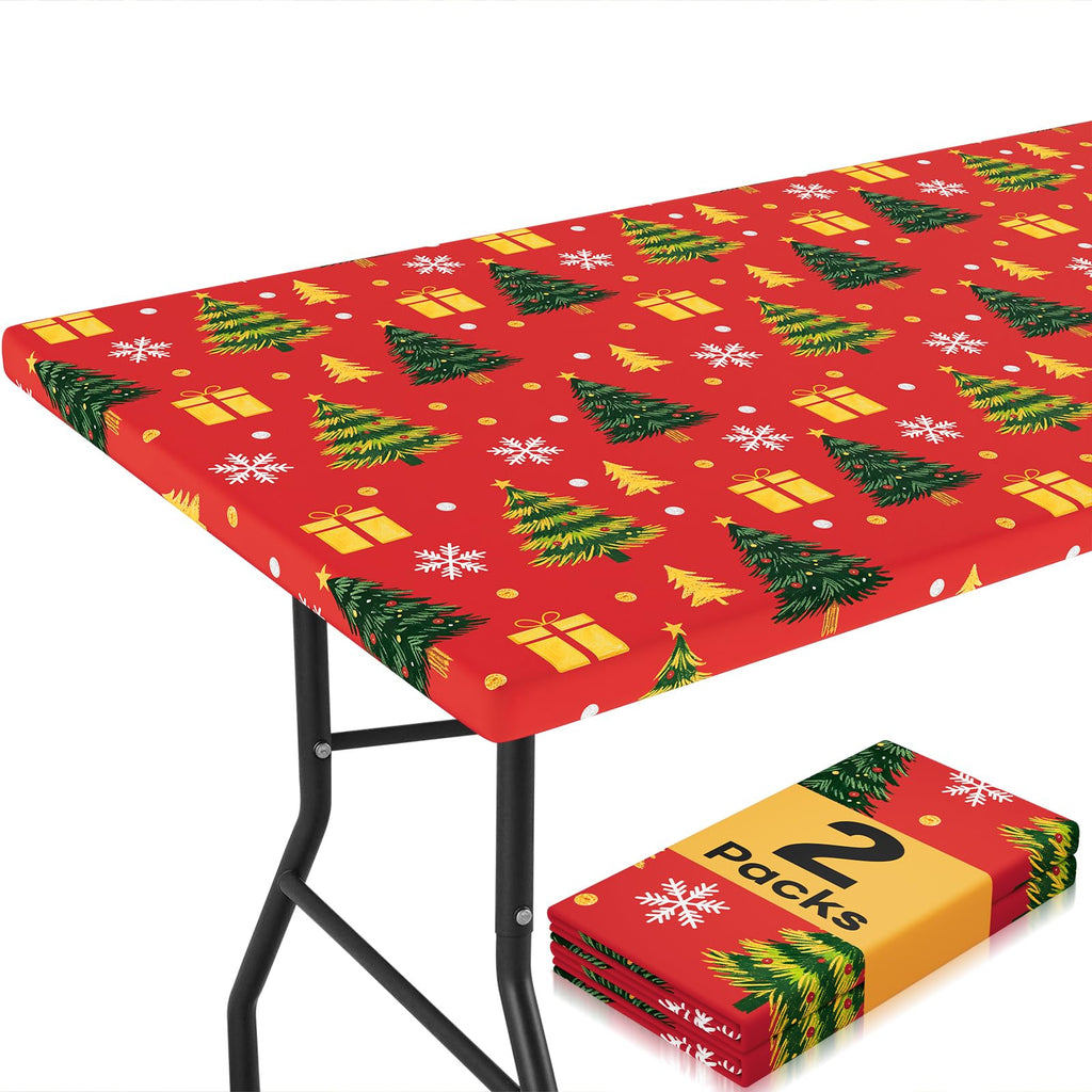 2 Pack Christmas Rectangle Table Cloth 8 Foot, Waterproof Elastic Fitted Tablecloths, Windproof Washable Polyester