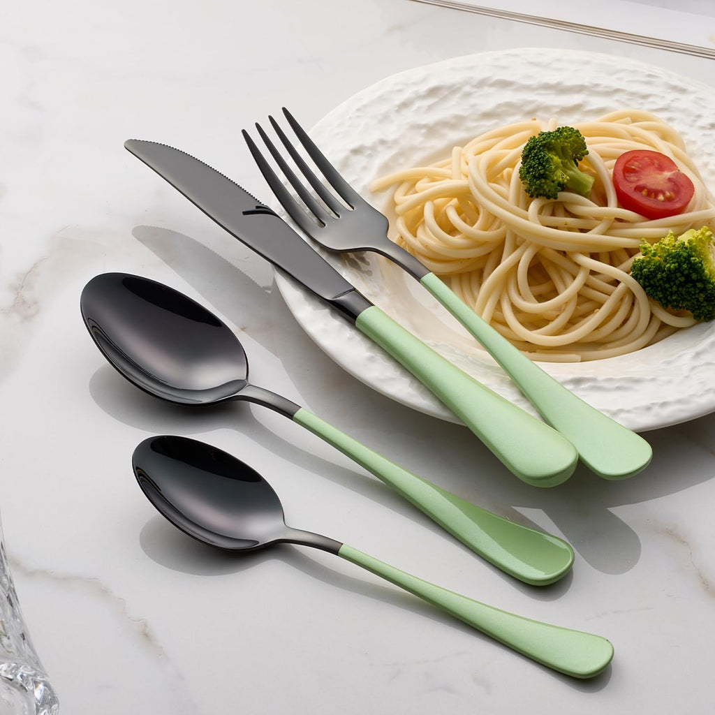 20-Pieces Green and Black Silverware Sets for 4,Green Handle Stainless Steel Cutlery Set, Include Forks Spoons and