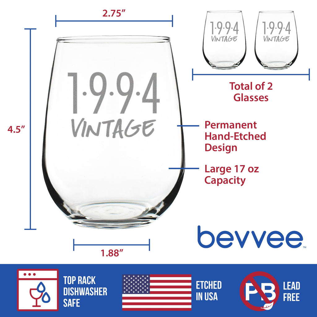 Vintage 1994 Stemless Wine Glass for 32nd Birthday - 17 oz - Set of 2