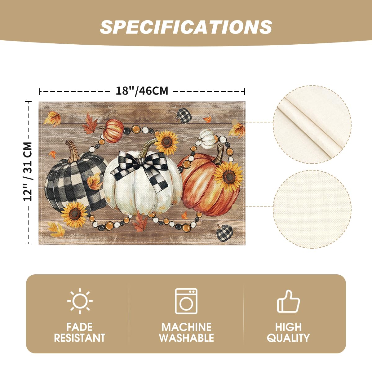 Wood Pumpkins Sunflowers Fall Placemats Set of 6-12 x 18 Inch