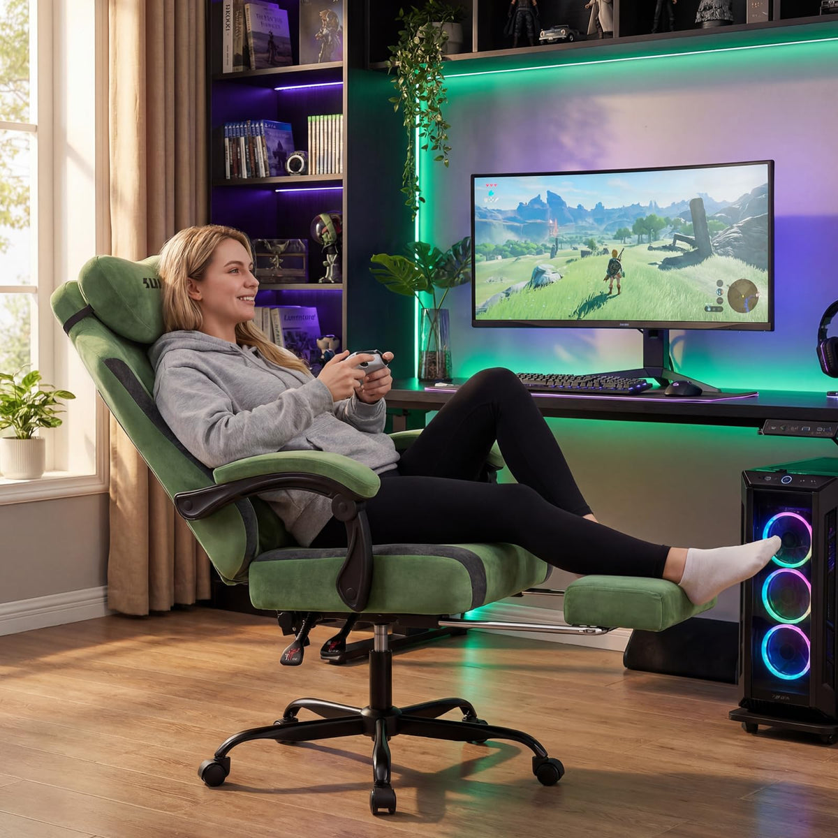 Fabric Video Gaming Chair, Ergonomic High-Back Computer Game Chairs with Large Massage Adjustable Lumbar Support