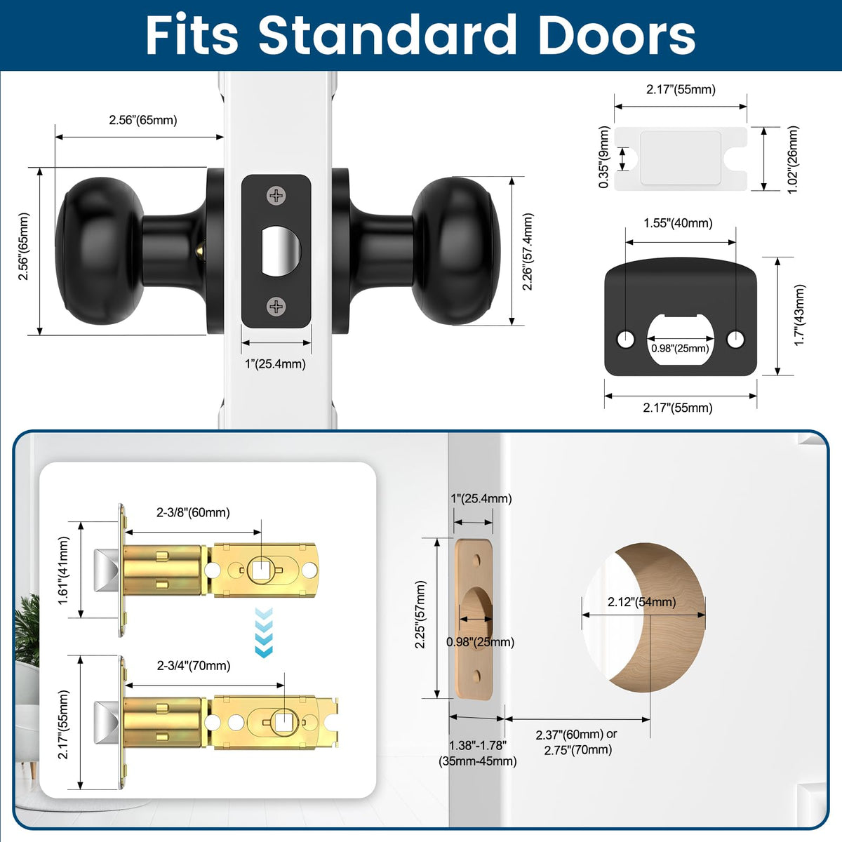 Passage Door Knobs, 6 Pack Matte Black Door Knobs, Hallway Closet Non-Locking Interior Doorknobs, Round Door Handles