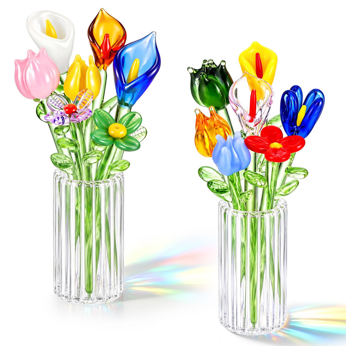 14 Pcs Mini Glass Flower Leave with Stems and 2 Vase Set, Style 2