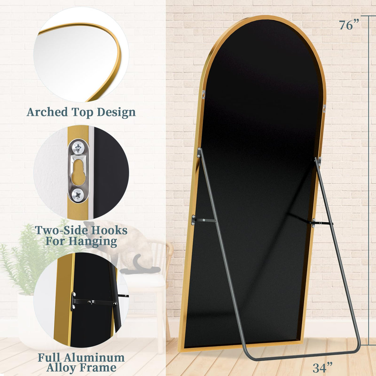 76"x34" Arched Full Length Mirror with Stand,Full Body Floor Mirror