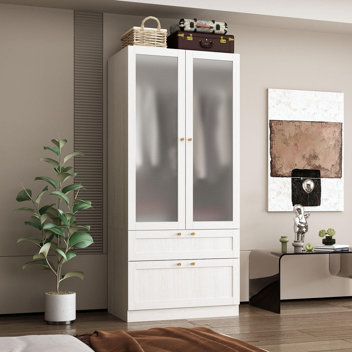 Modern Wardrobe with Drawers, Bedroom Armoires with Frosted Glass Doors and Hanging Rod, Armoire Wardrobe Closet with