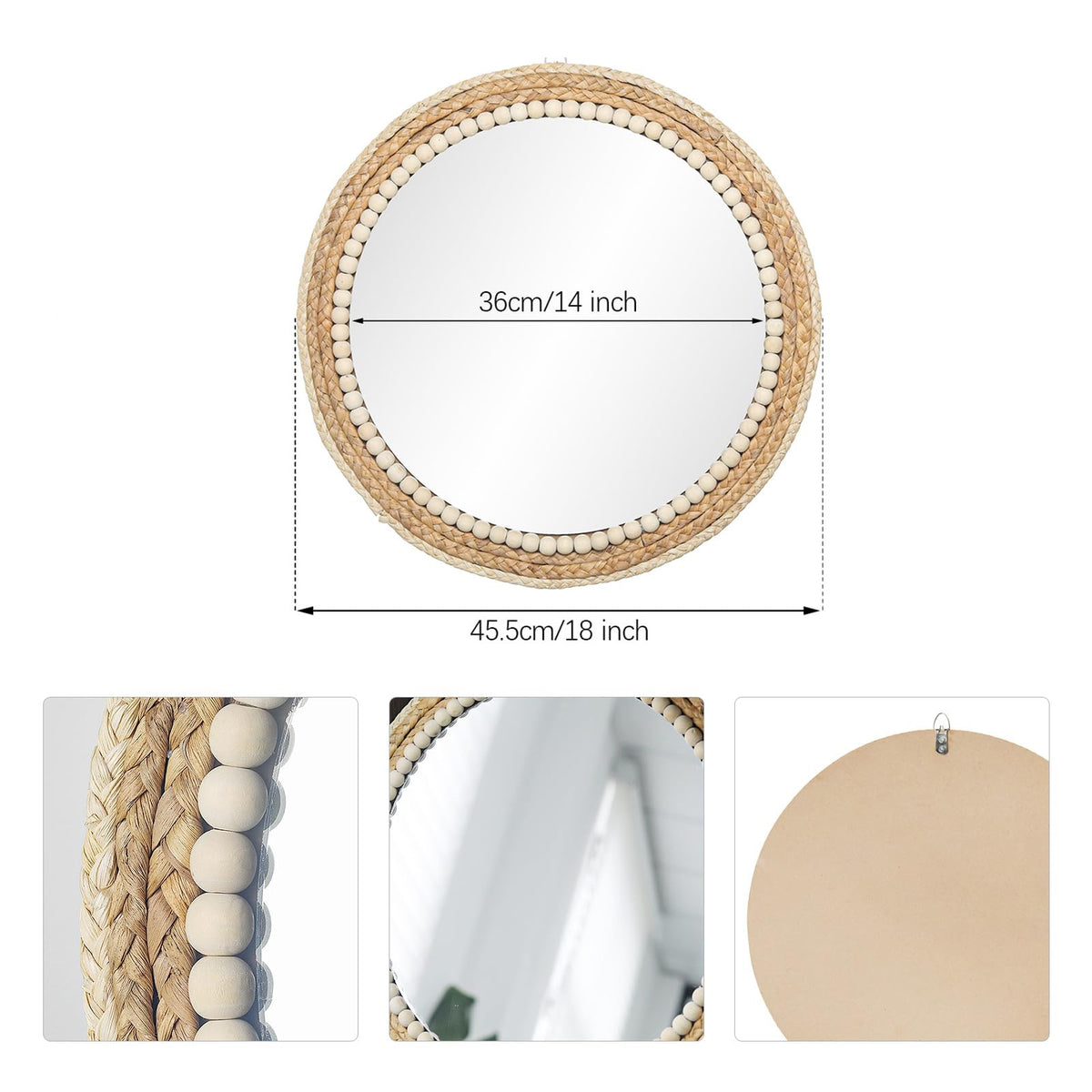 18 Inch Boho Round Hanging Wall Mirror Decorative Rattan Circle Mirrors for Farmhouse, Living Room, Bedroom