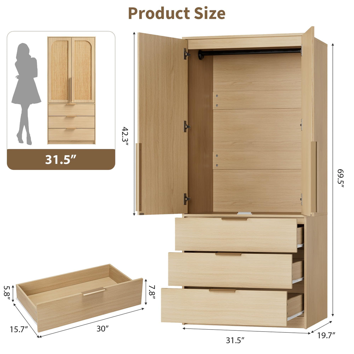 70" Wardrobe Armoire Wooden Closet with 2 Doors and 3 Drawers