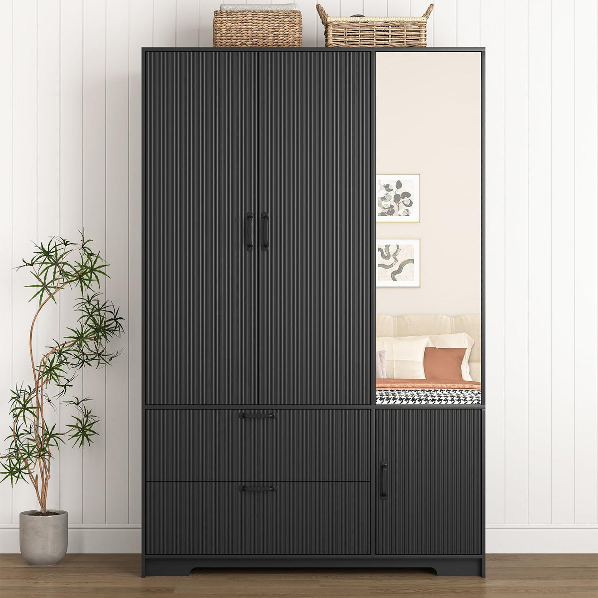 72'' Fluted Armoire Wardrobe Closet with Mirror Door and 2 Drawers, Tall Bedroom Armoire Wardrobe Cabinet with Hanging