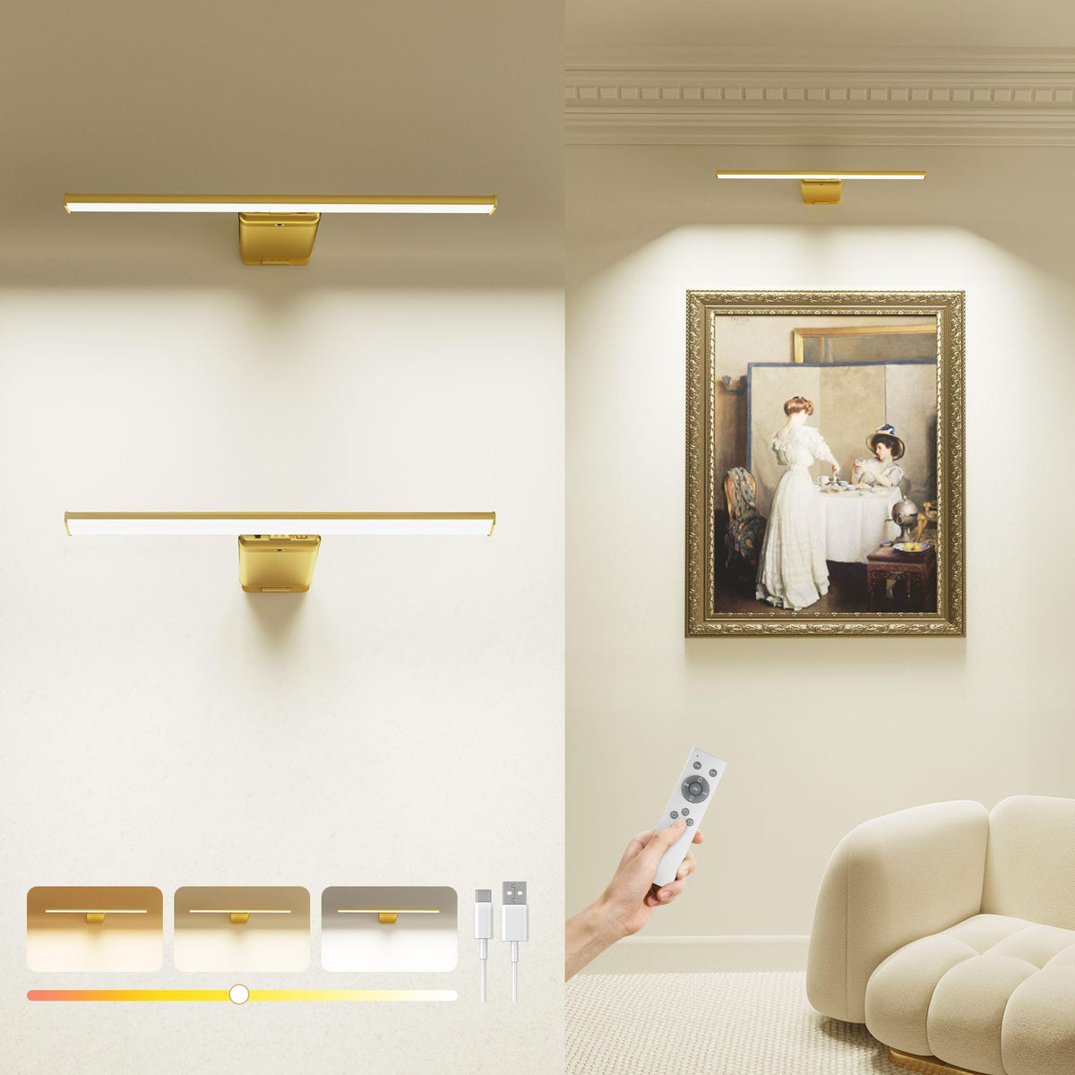 Picture Light for Wall with Remote, Picture Lights Battery Operated Rechargeable 12000mAh, 3 Colors & 3 Timers