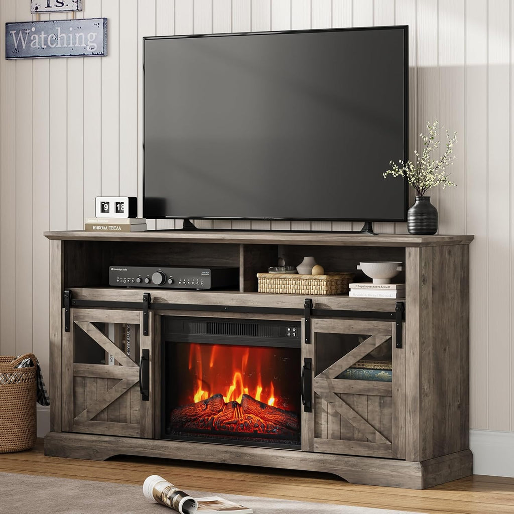 Farmhouse Fireplace TV Stand for TVs up to 65+ Inches, Entertainment Center with 23 Inch Electric Fireplace, Large Storage Console with Sliding Barn Door, Brown