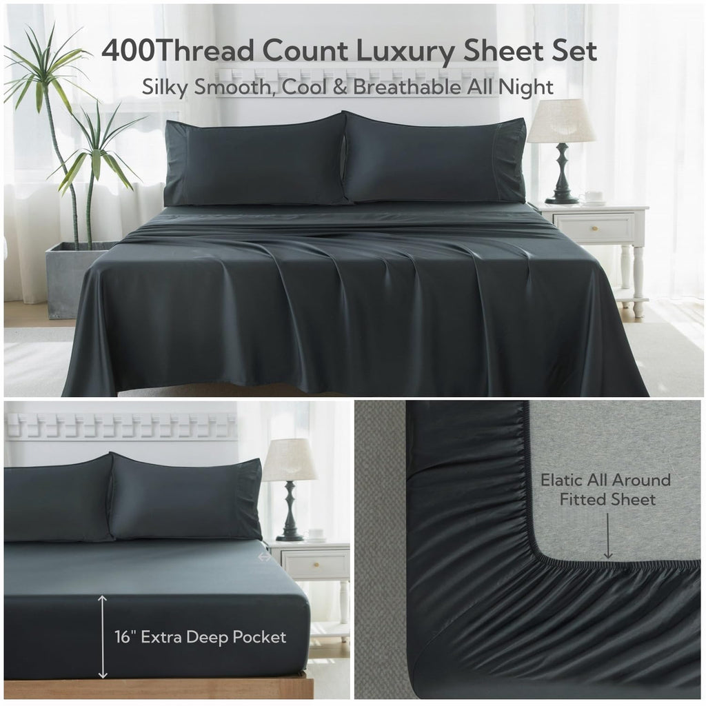 100% Viscose Derived from Bamboo Sheet Set, Deep Pocket 16", 400 Thread Count Cooling Sheets for Hot
