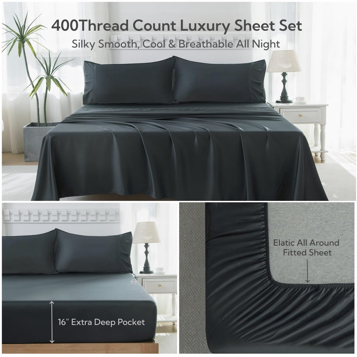 100% Viscose Derived from Bamboo Sheet Set, Deep Pocket 16", 400 Thread Count Cooling Sheets for Hot