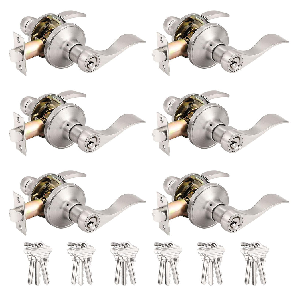Keyed Alike Brushed Nickel Door Handle, Wave Style Entry Door Handles, Door Levers Lockset for Interior and Exterior