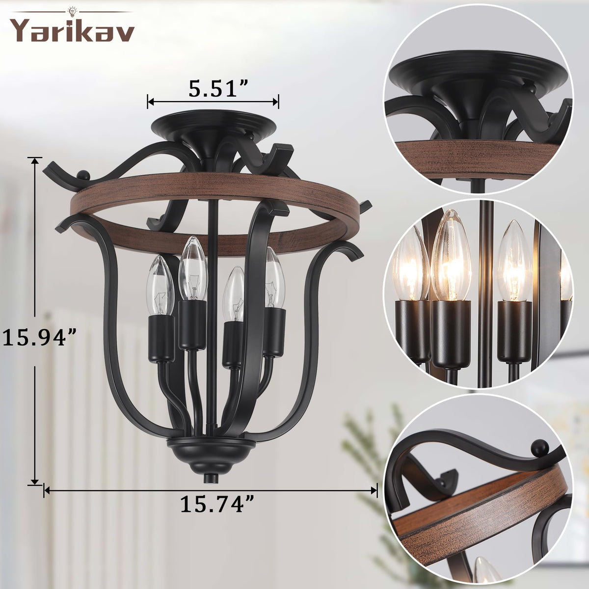 Farmhouse 4 Light Cage Chandelier, Vintage Rustic Mini Flush Mount Ceiling Light Fixture, Black Metal and Faux Wood