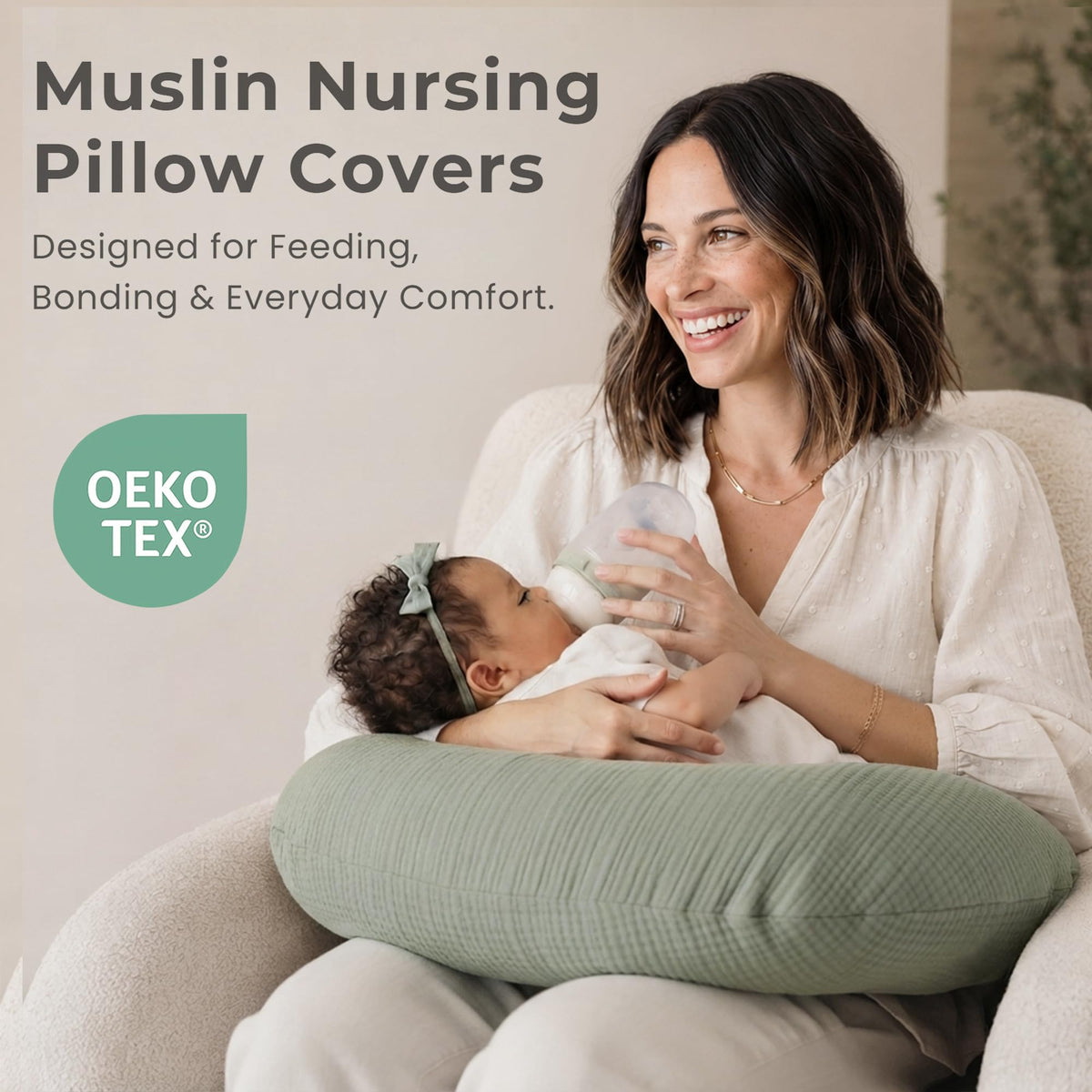 2-Pack 100% Cotton Muslin Nursing Pillow Covers, Soft Cover for Baby