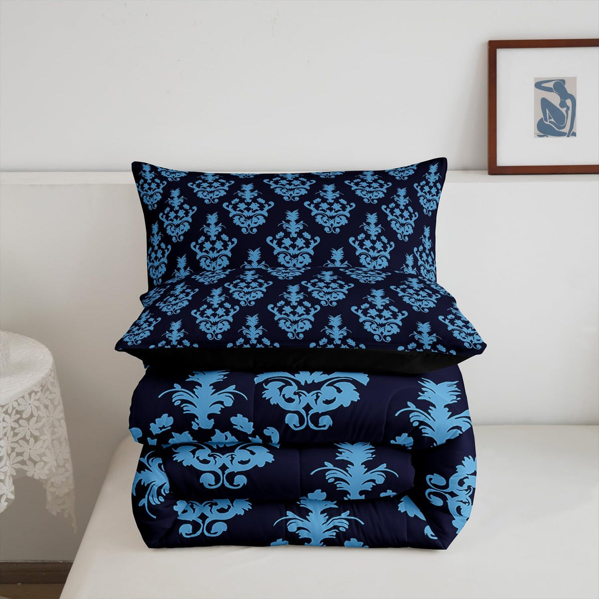 Gothic Bedding Set - Victorian Damask Comforter, Full Size, Black Floral, Bohemian Decor