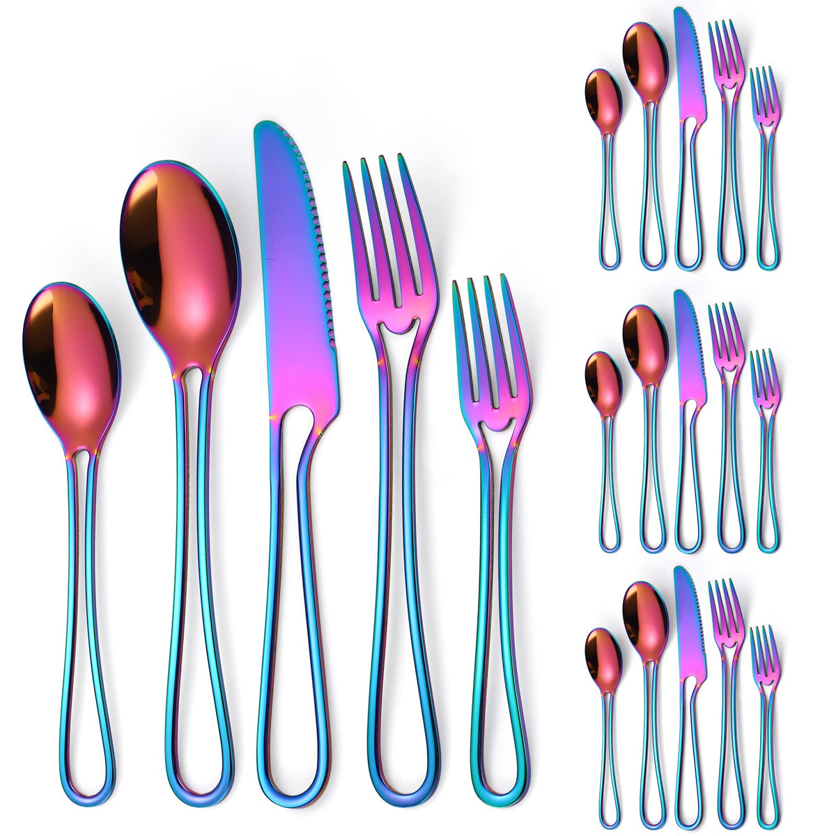 A·HOUSEWARE Iridescent Silverware Hollow Design 20 Piece Stainless Steel Flatware Set of 4 include Forks Spoons