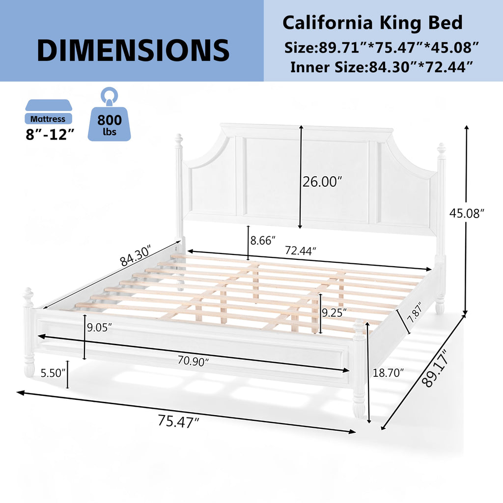 California King Wood Bed Frame with Fluted Spindle Post (White)