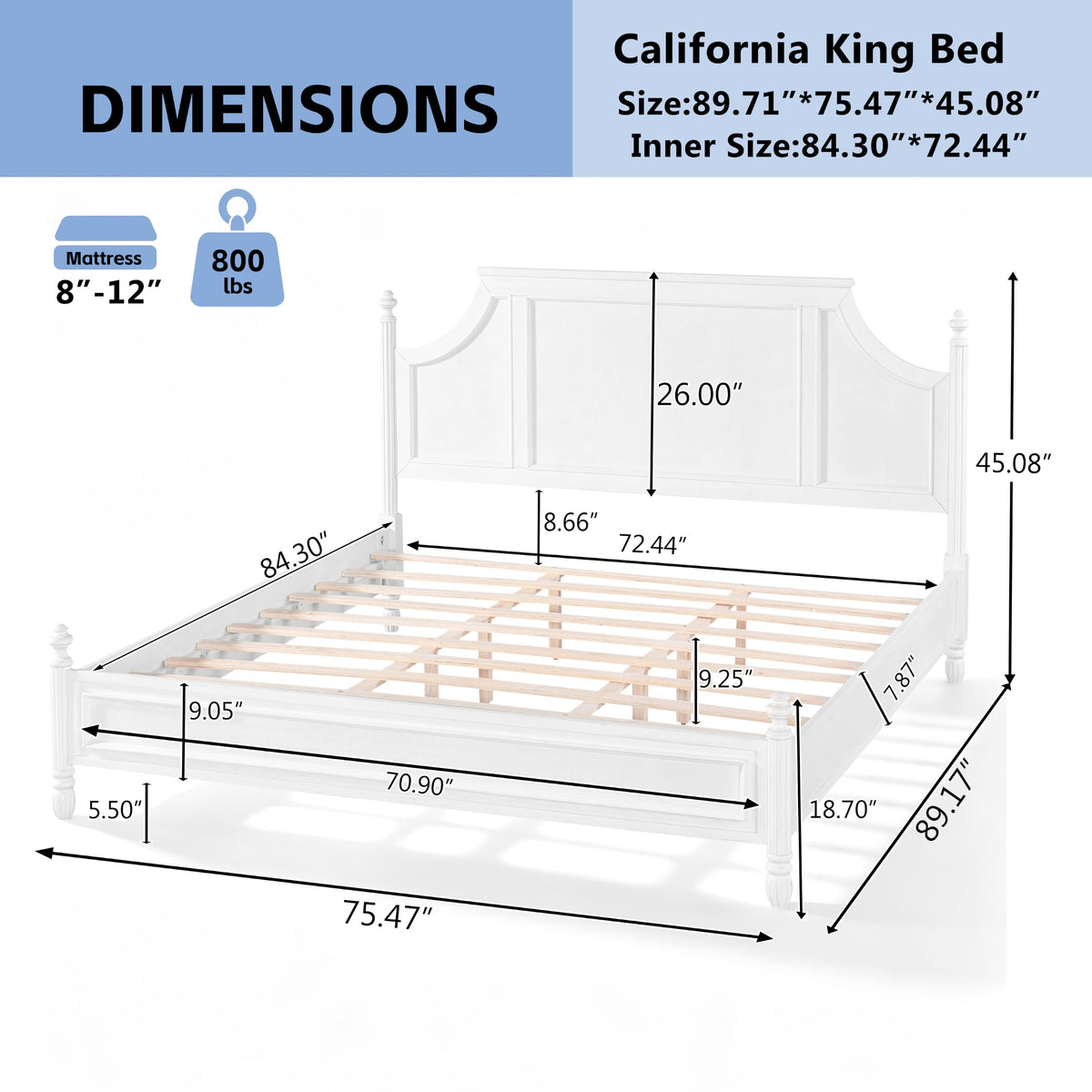 California King Wood Bed Frame with Fluted Spindle Post (White)