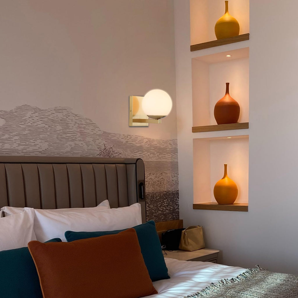 Gold Mid Centry Modern Wall Sconce, Globe Wall Sconce with Frosted Glass Lampshade, Brass Wall Light Fixture Living
