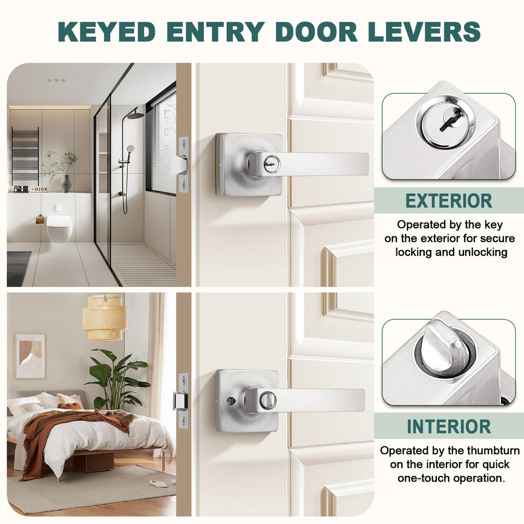 Keyed Alike Entry Door Handles with Lock and Keys, Brushed Nickel Entry Door Lock Sets for Exterior & Interior Doors