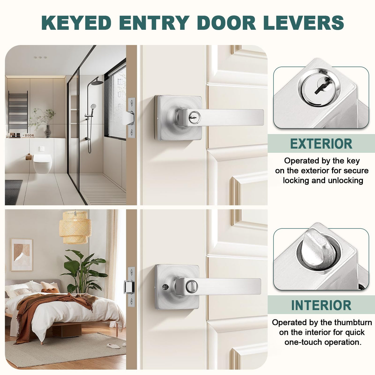 Keyed Alike Entry Door Handles with Lock and Keys, Brushed Nickel Entry Door Lock Sets for Exterior & Interior Doors