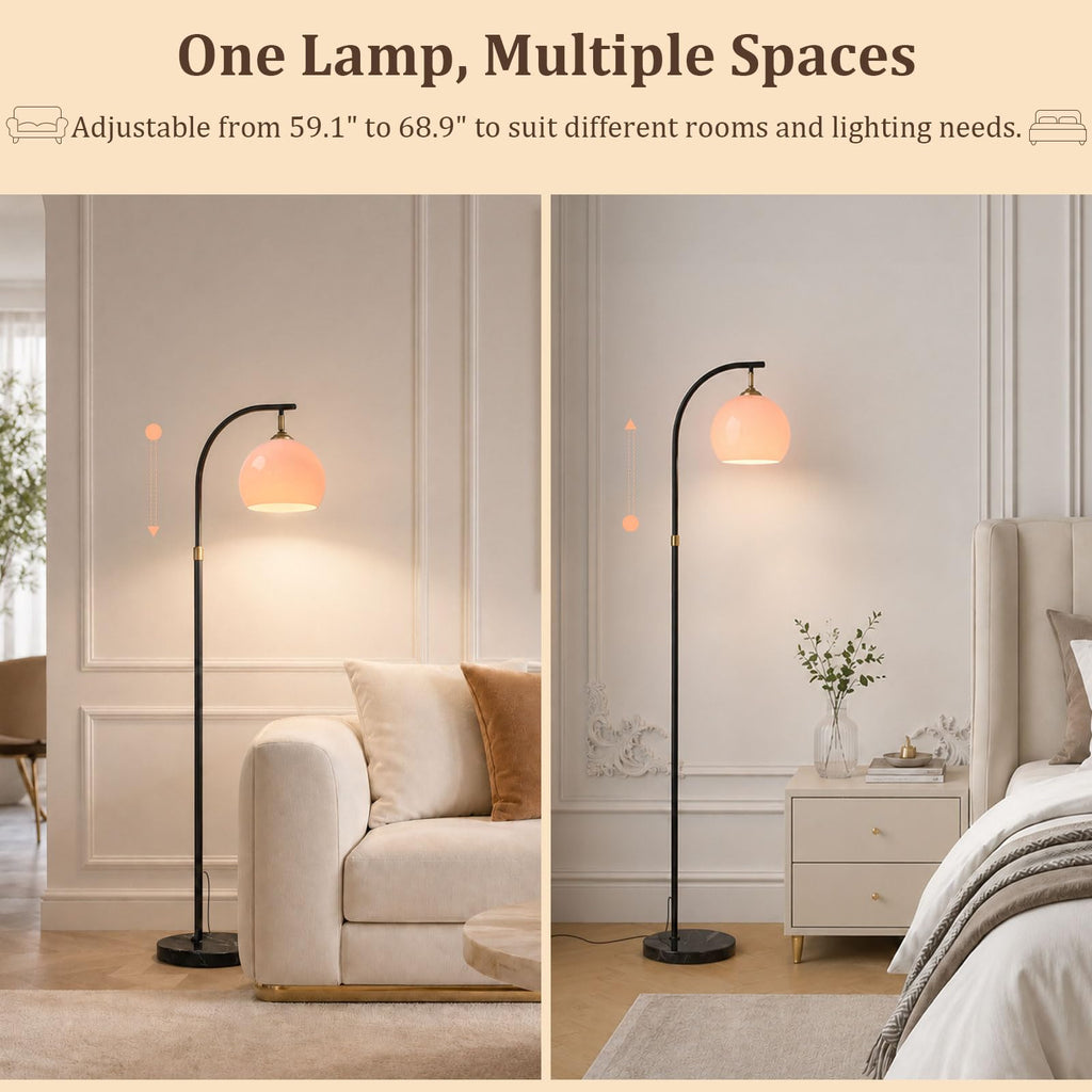 Inspired Arco Style Pink Arc Floor Lamp with Natural Marble Base, Mid Century Modern