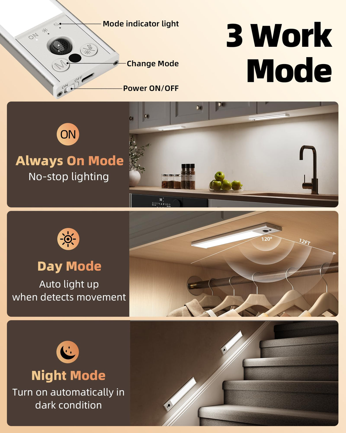 14.5inch Under Cabinet Lighting, 2 Pack 3500mAh Rechargeable Motion Sensor Light Indoor with 3 Color Temperatures
