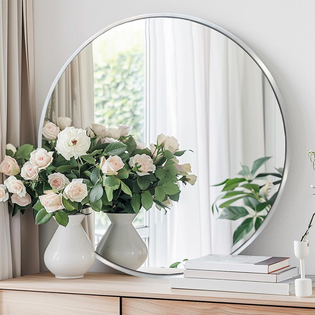 Silver Circle Mirror 22 inch, Round Mirror, Brushed Nickel, Chrome