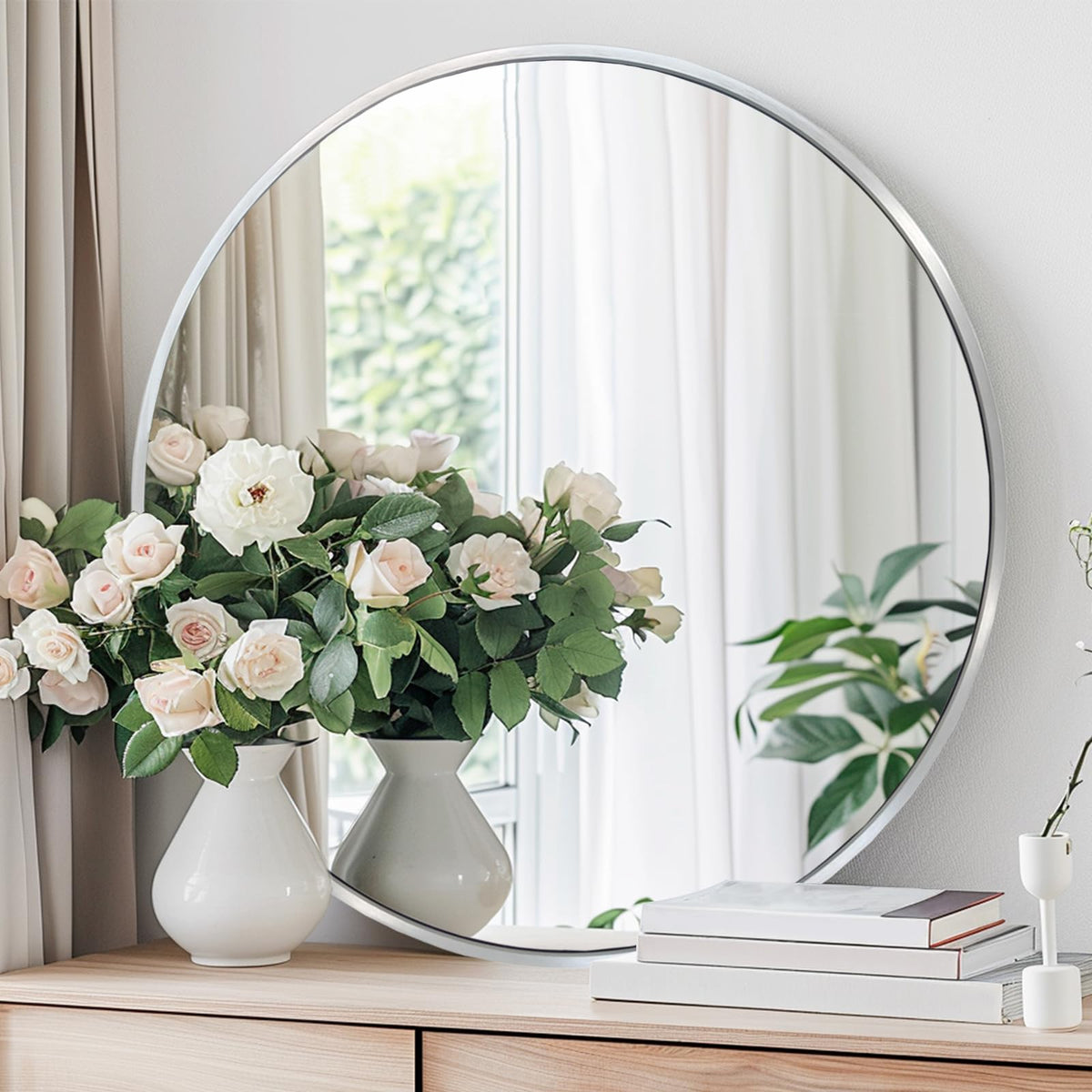 Silver Circle Mirror 22 inch, Round Mirror, Brushed Nickel, Chrome