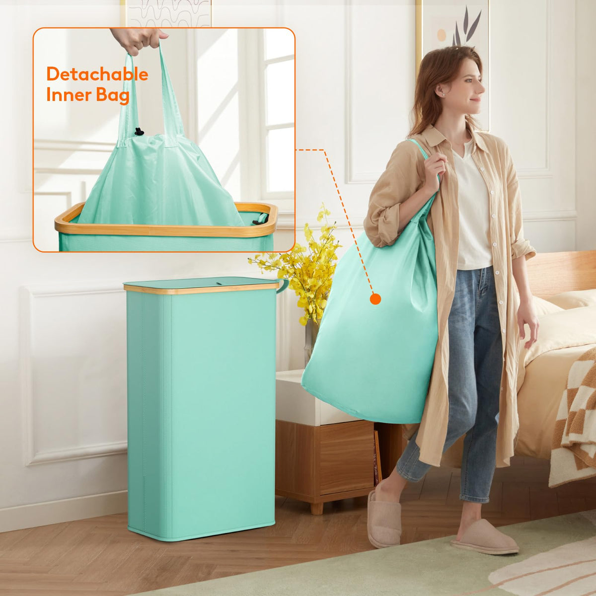 75L Slim Laundry Hamper with Lid and Removable Bag, Sage Green