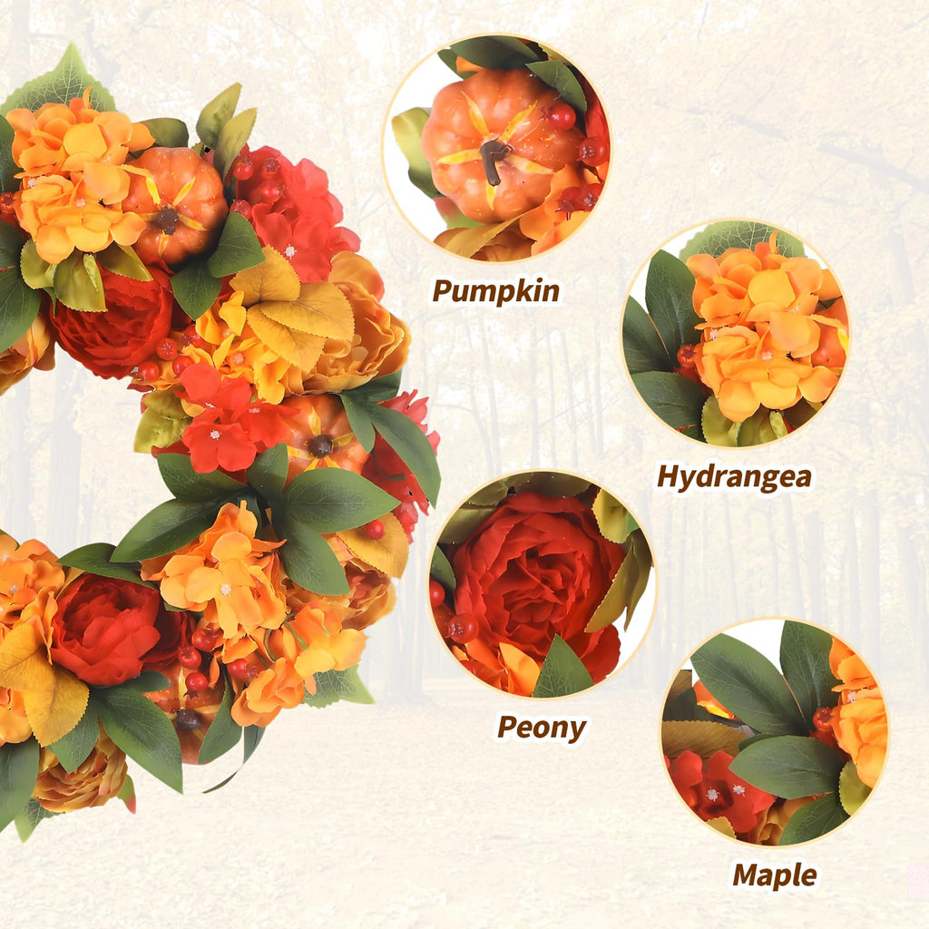 18In Fall Wreaths for Front Door, Bright Pumpkin Hydrangea Wreath, Peony Wreaths for Front Door Indoor Outdoor Autumn