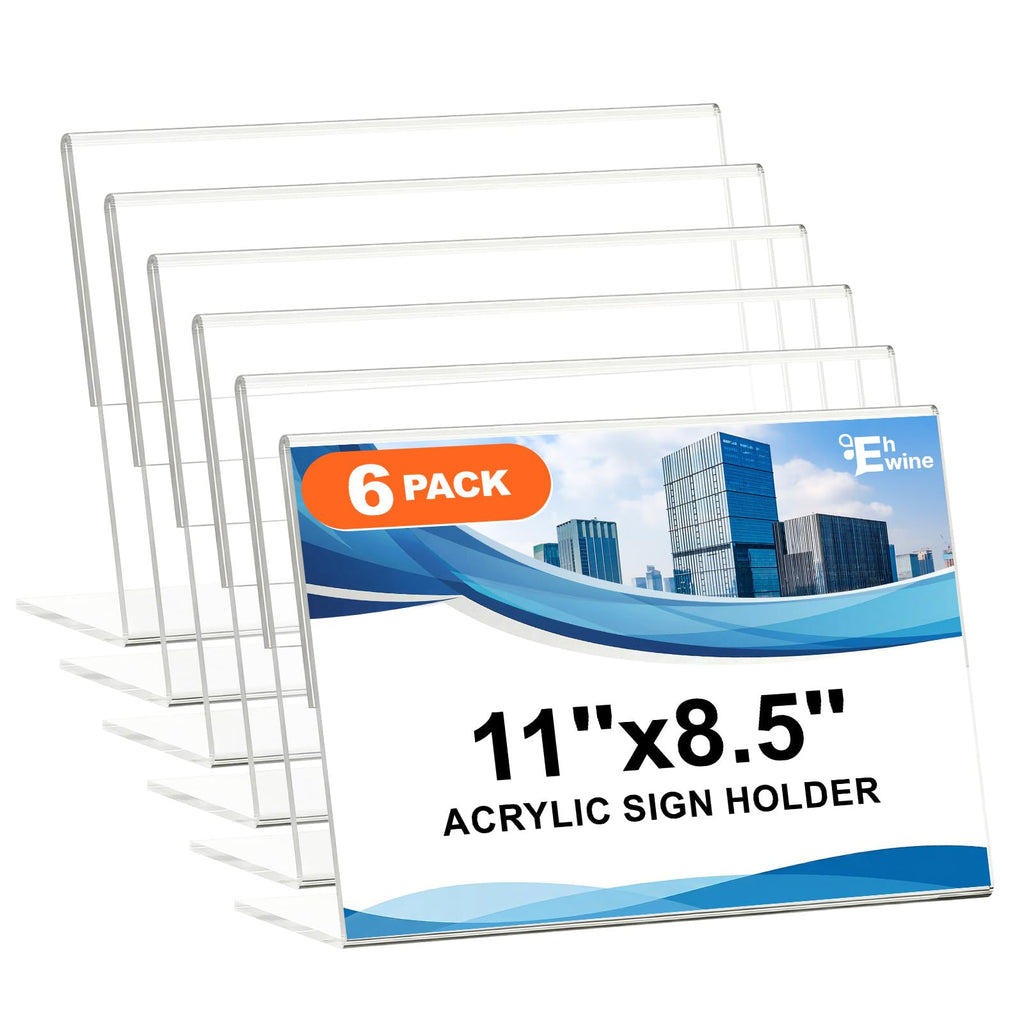 6 Pack 8.5 x 11 Acrylic Sign Holder Horizontal, Clear Plastic Signs Display Stand, Slanted Back Paper Holder Stand up