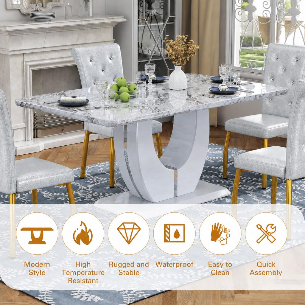 5 Piece Faux Marble Dining Table Set for 4, 63" Rectangular Kitchen Table and Chairs Set with 4 Tufted PU Leather