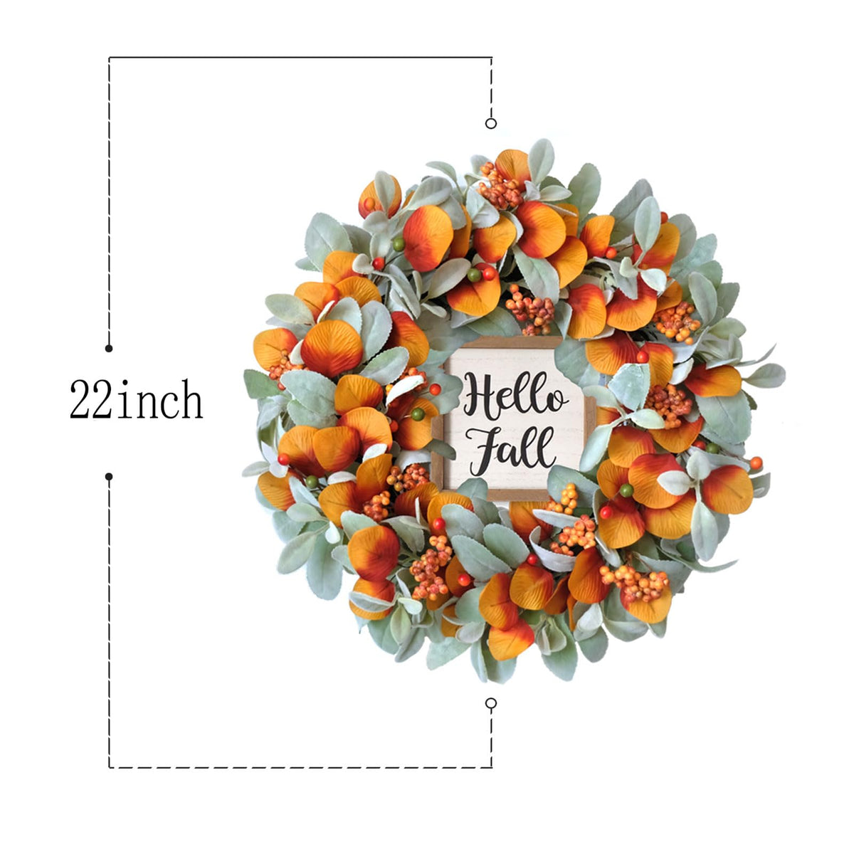 22 inch Fall Wreath for Front Door Artificial Autum Wreaths with Lamb's Leaves Eucalyptus Leaves Berries Wreath for