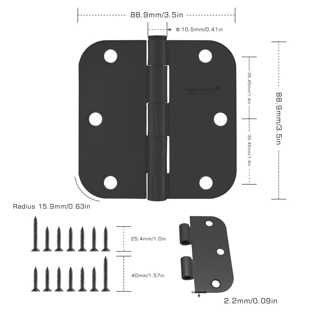 18 Pack Matte Black Door Hinges 3.5 Inch, 5/8" Radius Rounded, Standard Residential for Doors 3 1⁄2", Sturdy Hinges
