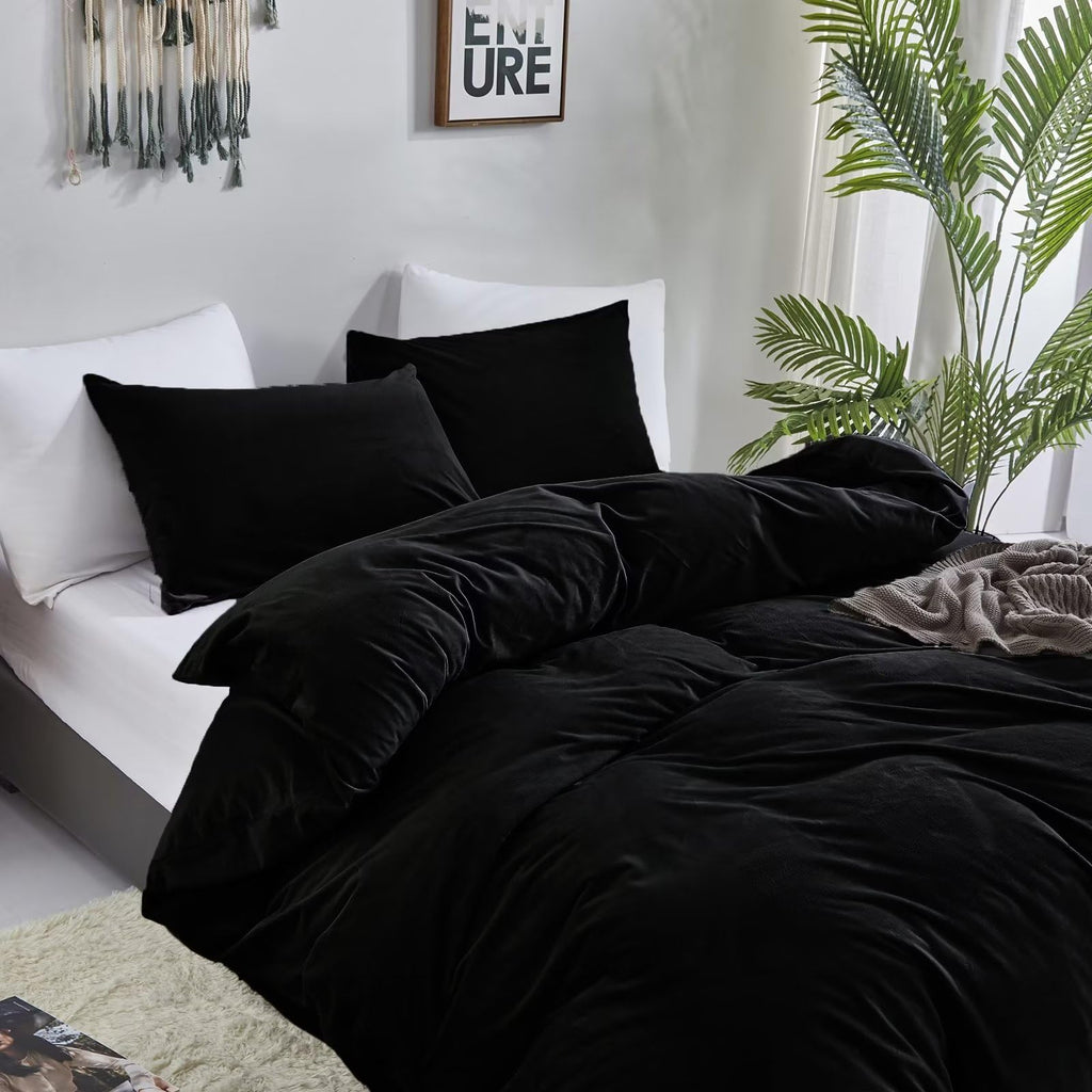 Black Velvet Comforter Set Plush Fluffy Black Flannel Bedding Set Bedding Set Heavyweight Blanket Quilts Modern