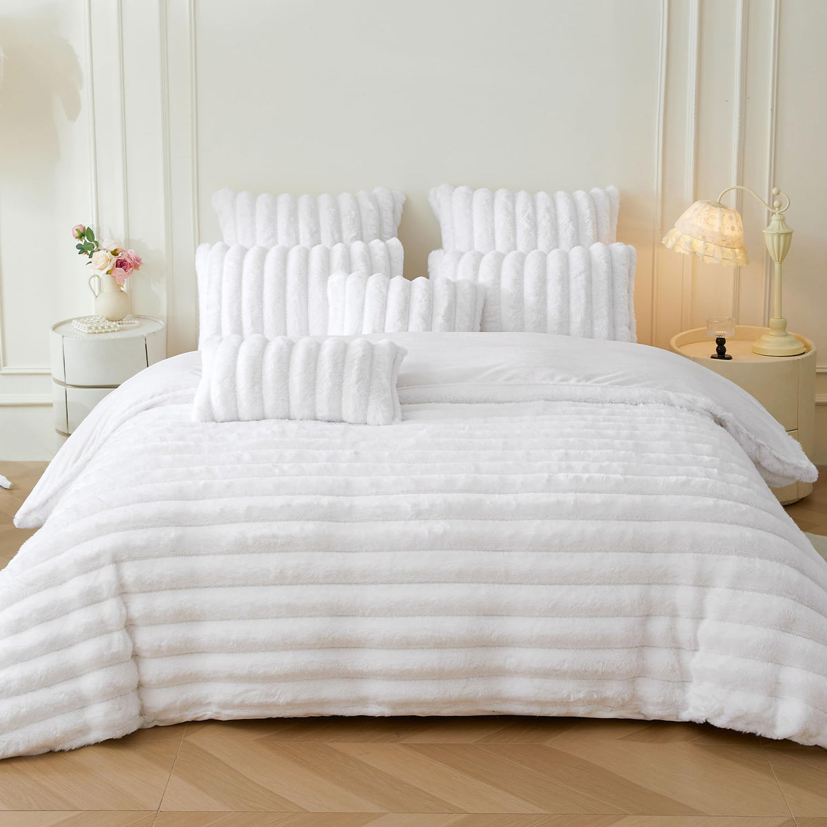 Fluffy Ribbed Faux Rabbit Fur Duvet Cover Set 2 PCS, White