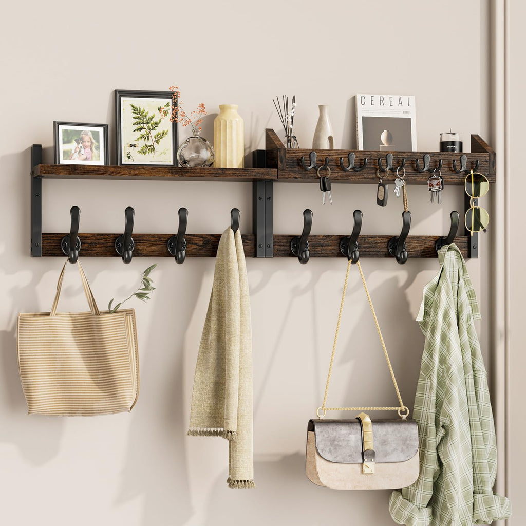 35" Coat Rack Wall Mount with Shelf, Rustic Brown