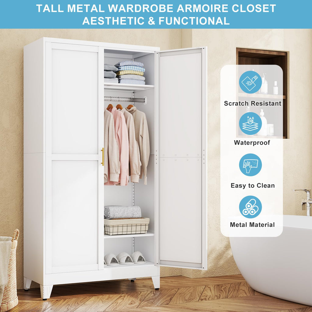 Metal Armoire Wardrobe Closet, 78.7" Bedroom Clothing Storage Cabinet