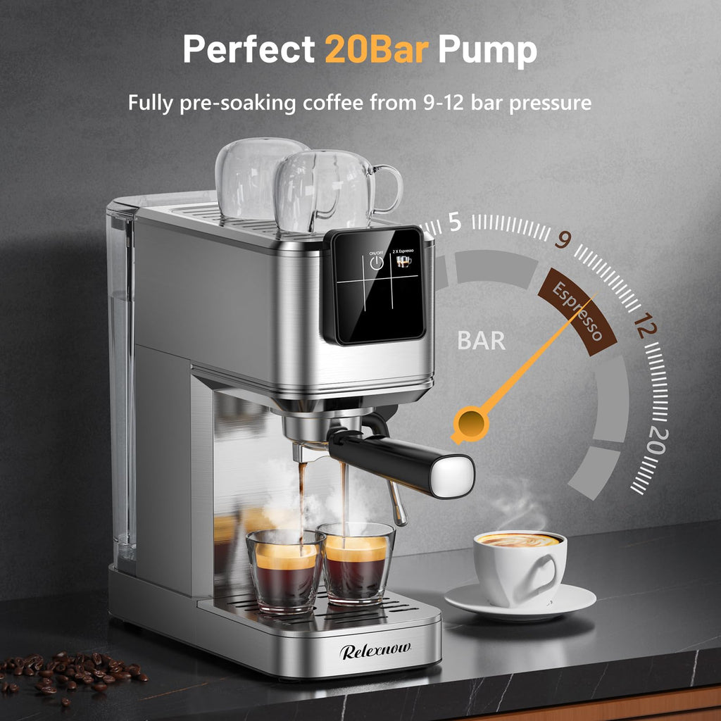 Espresso Machine, 20 Bar Espresso Maker Milk Frother & LCD Panel, Hot & Iced with Rapid Cold Brew, Stainless Steel