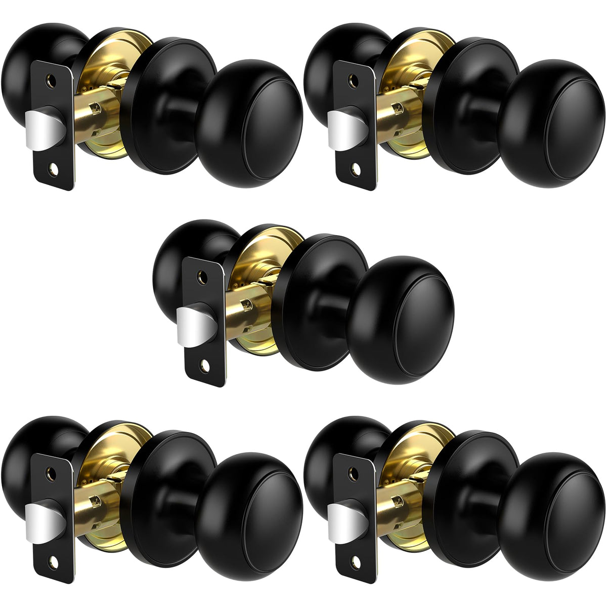 Passage Door Knobs, 5 Pack Matte Black Door Knobs, Hallway Closet Non-Locking Interior Doorknobs, Round Door Handles