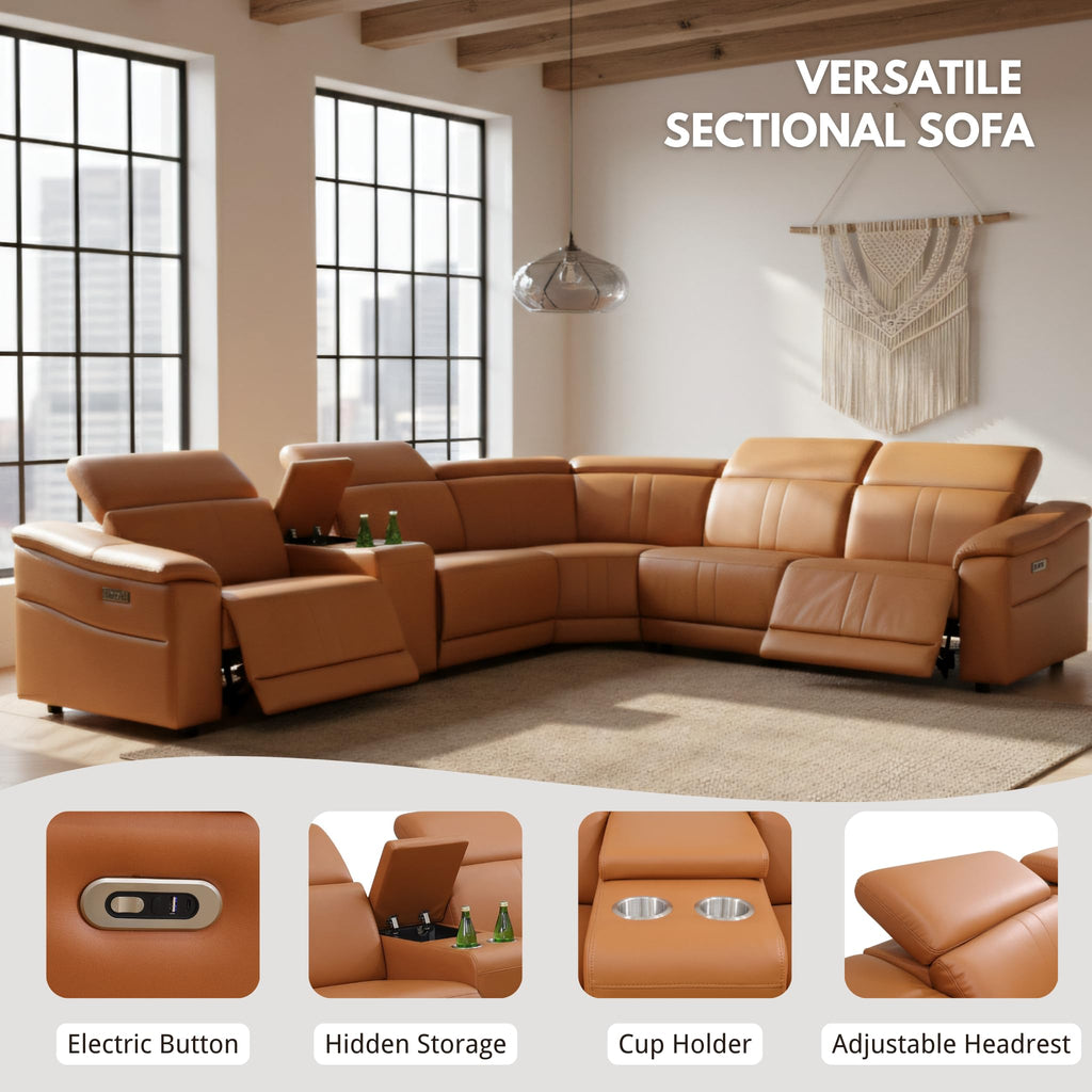 Breathing Leather Recliner Sectional Sofa, 5-Seat Power Reclining Sectional Couch with Adjustable Headrest&Storage