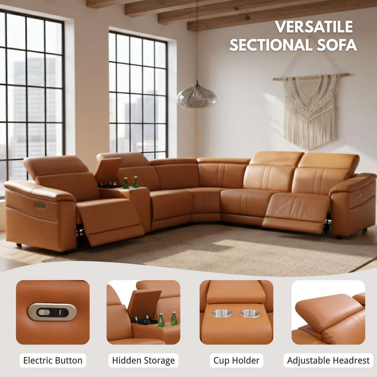 Breathing Leather Recliner Sectional Sofa, 5-Seat Power Reclining Sectional Couch with Adjustable Headrest&Storage